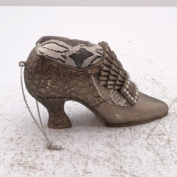 Vintage Metal Shoe Pin Cushion Ornament Beaded w/ White White Faux Pearl - Picture 7 of 12